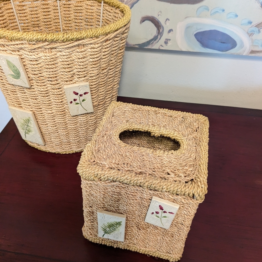 Woven Wicker Trash Can & Tall Tissue Box Cover Bohemian EUC Floral Tiles 2 Pcs